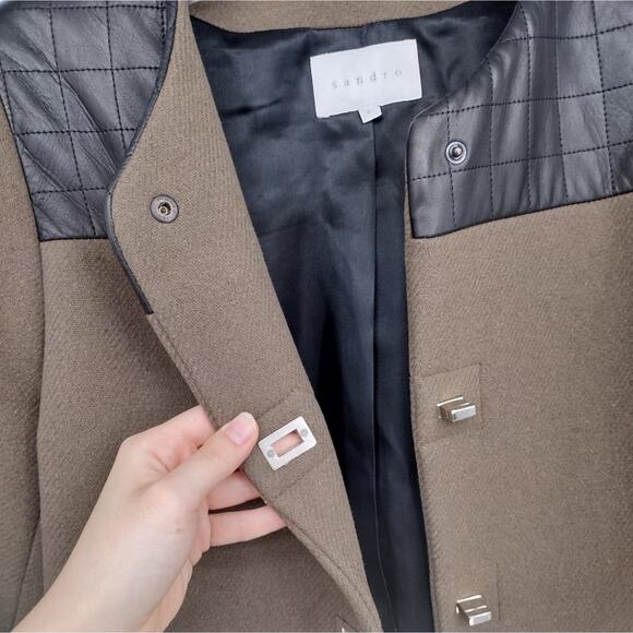 Sandro Brown Mid-length Wool Coat Jacket Black Leather Detail Size 40 - Picture 3 of 11